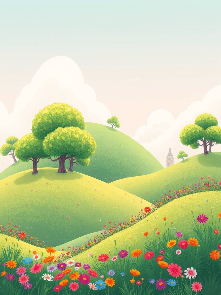 Create a vibrant digital illustration of a whimsical landscape featuring round green hills, trees with thick foliage, and colorful flowers, using a soft pastel color palette; camera type: digital, camera style: illustrative, camera view: wide-angle, settings: f/8 aperture, ISO 100, 24mm lens.