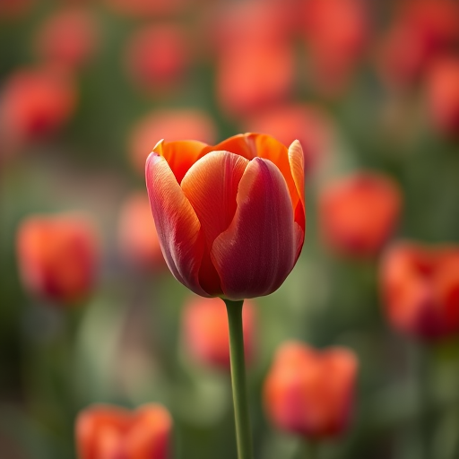 Capture a close-up of a single red tulip with a blurred background of tulips in a field at f/2.8 aperture, ISO 100, shutter speed 1/200 sec, using a macro lens on a DSLR camera for enhanced detail and depth of field.