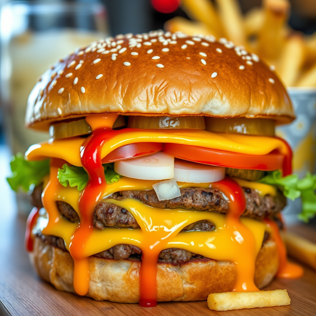 High-resolution, close-up image of a gourmet double cheeseburger. The burger features a glossy, sesame-seed-topped brioche bun. Inside, there are two thick, juicy beef patties, each topped with melted cheddar cheese. The burger is garnished with fresh lettuce, tomato slices, diced onions, and pickles. A generous amount of ketchup and a creamy, orange-colored sauce is dripping down the sides, adding to the mouth-watering appeal. In the background, there are blurred elements including a side of golden French fries and a hint of a beverage, enhancing the overall presentation of a delicious meal.