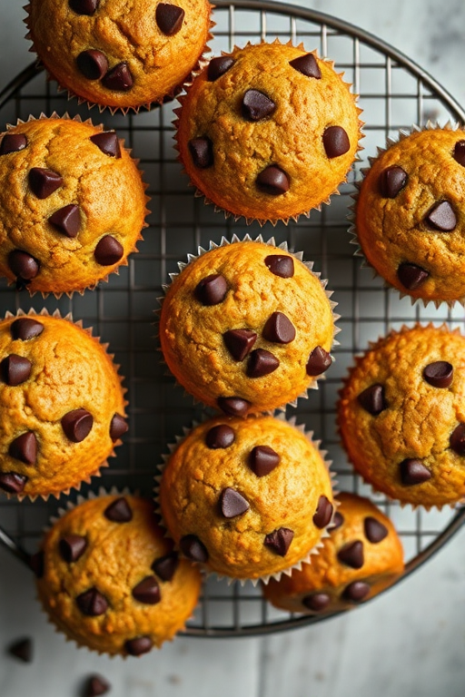Aerial view of freshly baked chocolate chip muffins cooling on a wire rack, natural light, ISO 200, f/2.8, 1/60s, DSLR camera, shallow depth of field, vibrant colors.