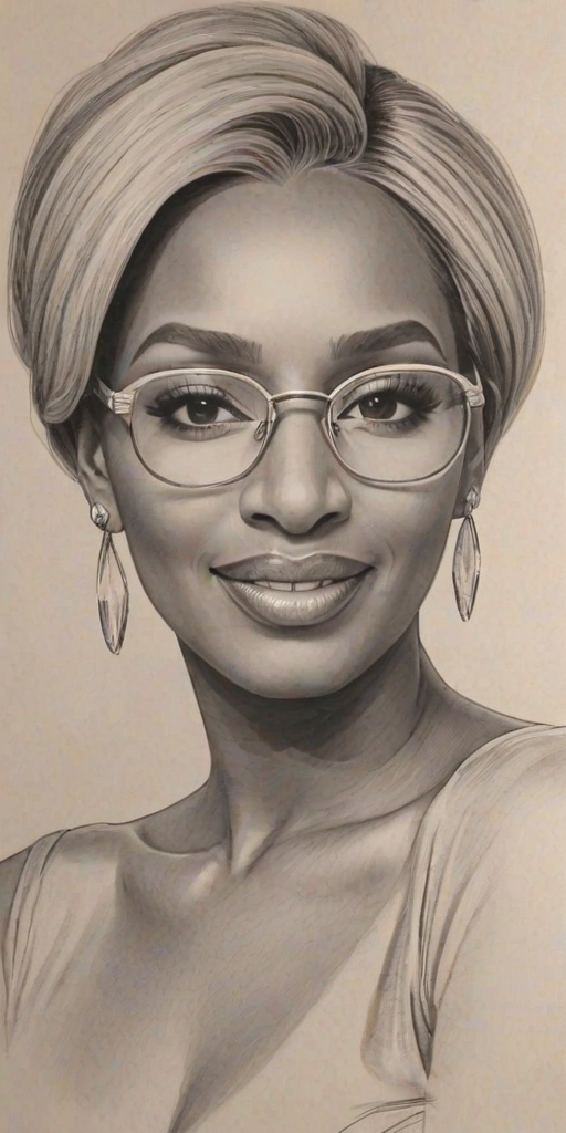 Lovely Nene Leakes, pencil sketch, portrait of Enchanting woman 1971s in glasses, hair style beatnik, outline, clear lines, fine lines, 8k