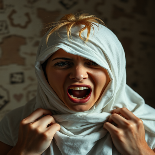 Create a close-up photographic image of a Mizrahi woman with light skin tones shown against an old, worn wall. Their head is wrapped in a white cloth covering (i.e.... parts of the head except the nose and mouth, which are open as if they are screaming...), with a slight texture and visible folds in the fabric. Thin strands of blonde hair escape from the wrapping above, falling lightly at the top and sides. Their hands hold the fabric as if they are tugging nervously. The lighting is dramatic and even, casting strong shadows. The image has a minimalist and surreal style with an emphasis on simplicity with soft color tones. The composition is centered.