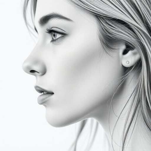 Create a highly detailed pencil sketch portrait of a young woman in profile, soft lighting, shallow depth of field, f-stop 2.8, ISO 100, 50mm lens, studio camera settings, focus on sharp facial features and delicate hair strands.