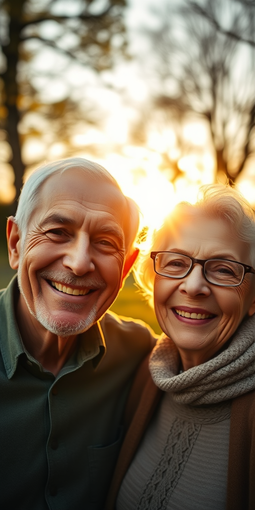 portrait of an elderly couple smiling together outdoors during golden hour, shallow depth of field, f/2.8, 50mm lens, ISO 200, soft natural lighting, DSLR camera, eye-level view