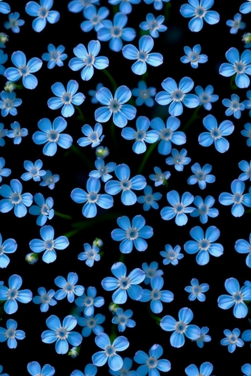 Create a seamless pattern of small blue flowers on a black background, captured with a 50mm lens, aperture f/8, ISO 100, in a macro style with a Canon DSLR camera.
