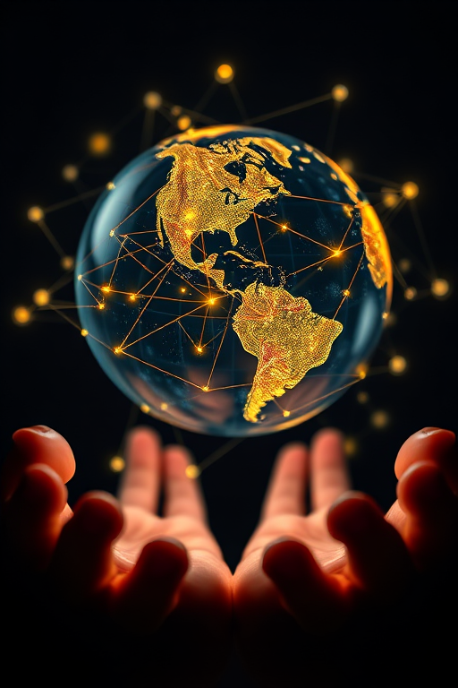 a glowing globe interconnected with network lines held between two hands, studio lighting, f/2.8 aperture, ISO 200, 50mm lens, shallow depth of field, high dynamic range imaging, captured with a DSLR camera