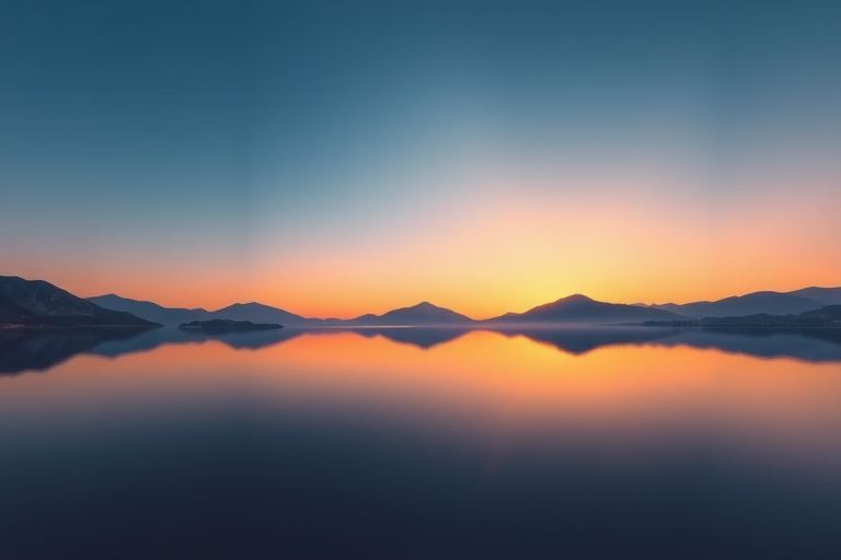 Create a detailed digital illustration of a serene landscape featuring a calm lake reflecting surrounding mountains and a clear sky at sunset, captured with a Canon EOS 5D Mark IV, using a 24mm f/1.4 lens, aperture set to f/8, ISO 100, with a focus on vibrant colors and sharp details.