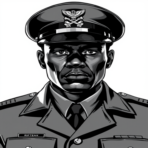 Create a high-contrast black and white illustration of a black military officer in uniform, captured from a frontal view, using a digital camera with f/8 aperture, ISO 100, 1/125 sec shutter speed, and a soft-focus lens to enhance details and clarity.