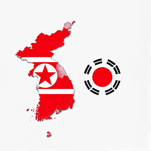 Create a high-resolution image of the map of North and South Korea divided, with North Korea in red featuring the star emblem and South Korea in white featuring the Taegeuk symbol, shot with a DSLR camera at 50mm focal length, f/1.8 aperture, ISO 100, natural lighting and top-down view for clarity and detail.