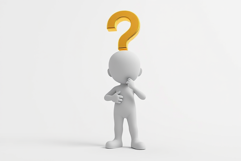 Create an image of a 3D character standing with a questioning pose with a large golden question mark above its head, using a Canon EOS R5 with a 50mm lens, f/1.8 aperture, ISO 100, and a shallow depth of field to enhance focus on the character against a soft white background.