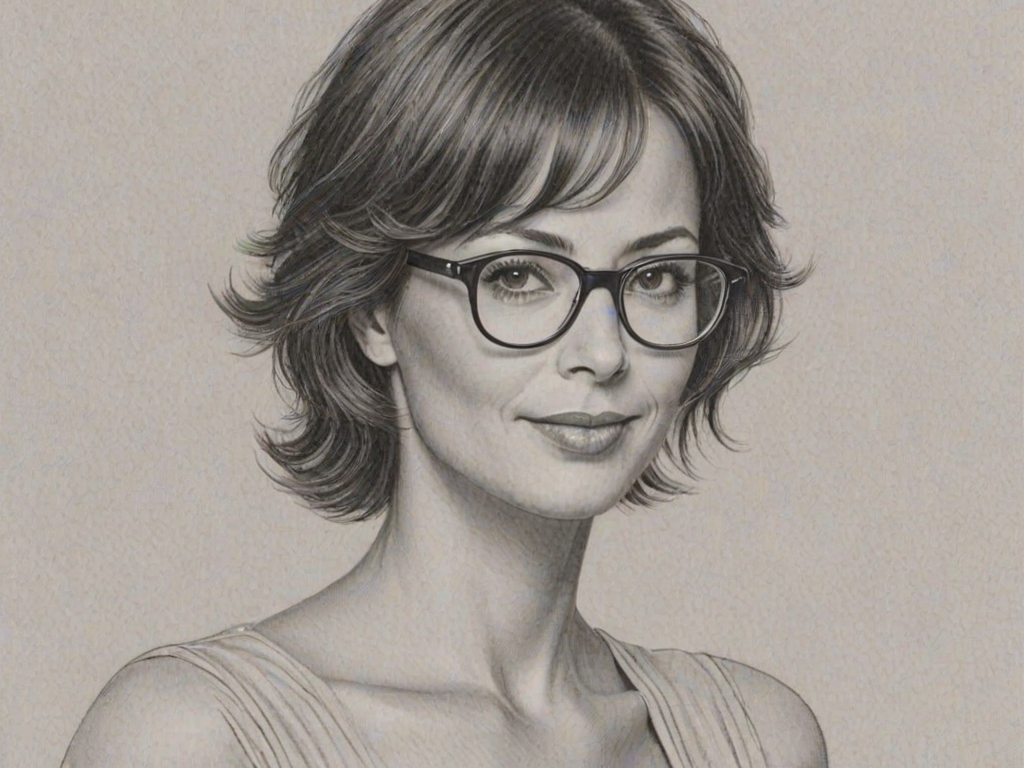 Stunning Catherine Bell, pencil sketch, portrait of Enchanting woman 1979s in glasses, hair style beatnik, outline, clear lines, fine lines, 8k