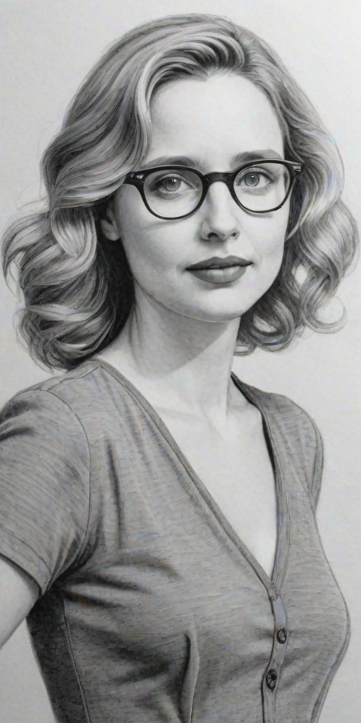 Wonderful Julie Delpy, pencil sketch, portrait of Magnificent woman 1939s in glasses, hair style beatnik, outline, clear lines, fine lines, 8k