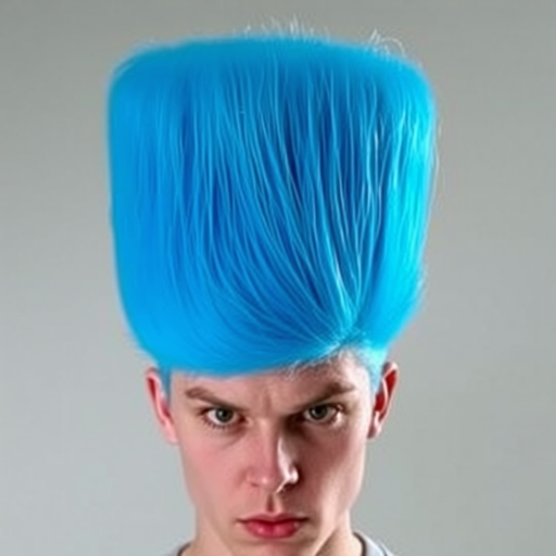 Image of a person with their hair styled upright,  in a cylinder shape. The hair  color is neon blue and appears to be held in place by a hair product, giving it a fluffy texture. The background is nondescript, and the person's face is looking at the viewer nervously.