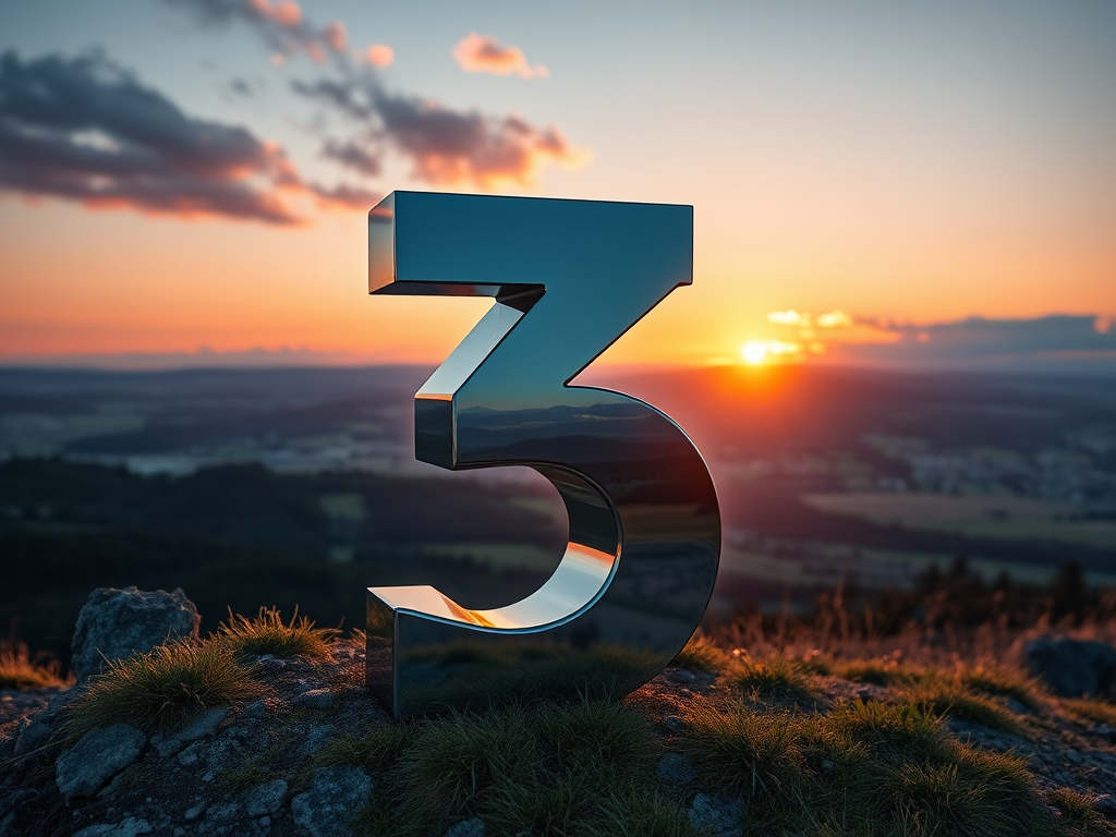 Regenerate an image of a 3D metallic number three reflecting a scenic landscape in high detail, using a Canon EOS R5 with an 85mm f/1.2 lens, aperture set to f/8, ISO 100, and a wide-angle view at sunset for enhanced color saturation and depth.