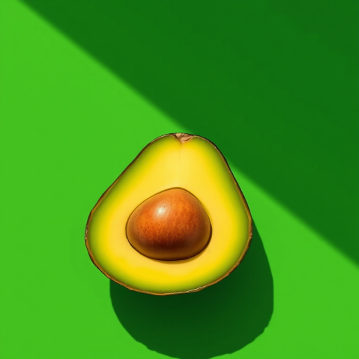 Create a high-resolution illustration of a sliced avocado showing its pit, with a vibrant green background and a long shadow effect, using a Canon EOS R5 camera, f/4 aperture, 50mm lens, ISO 100, low-angle view, with a flat lay style for enhanced clarity and detail.