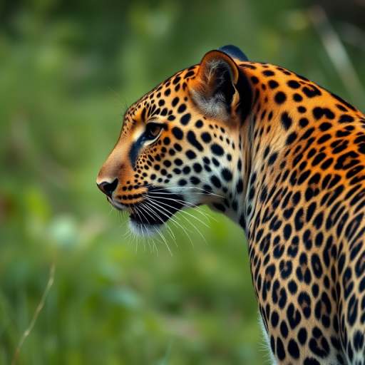 Regenerate an image of a leopard in the wild, side profile, with natural lighting, using a DSLR camera, f/2.8 aperture, 1/200s shutter speed, ISO 200, 85mm lens, soft focus background.
