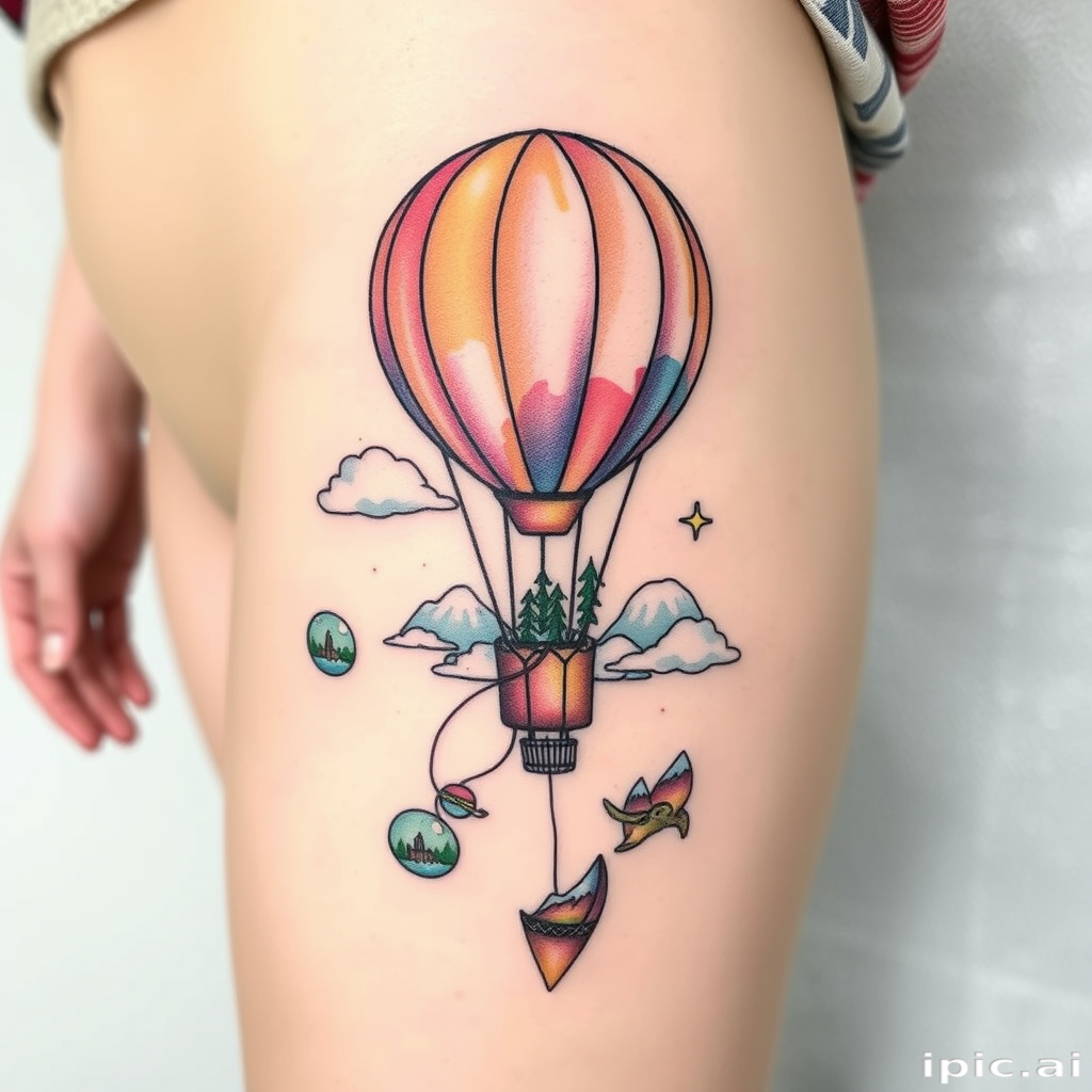 Illustrative tattoo titled "Whimsical Wanderlust" depicting a fantastical hot air balloon journey through dreamlike landscapes, with miniature worlds suspended in bubbles trailing behind, combining fine linework with soft, pastel watercolor effects, perfect for ribcage or thigh placement