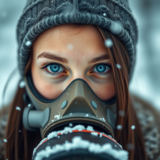 A close-up portrait of a young woman wearing a stylish gas mask in a snowy environment, capturing her striking blue eyes and dark hair with snowflakes gently falling around her, shot with a Canon EOS R5 at f/1.8, ISO 100, 1/200s, using a 50mm lens for a sharp focus on her face and a softly blurred background, in natural light to enhance skin tones and features.