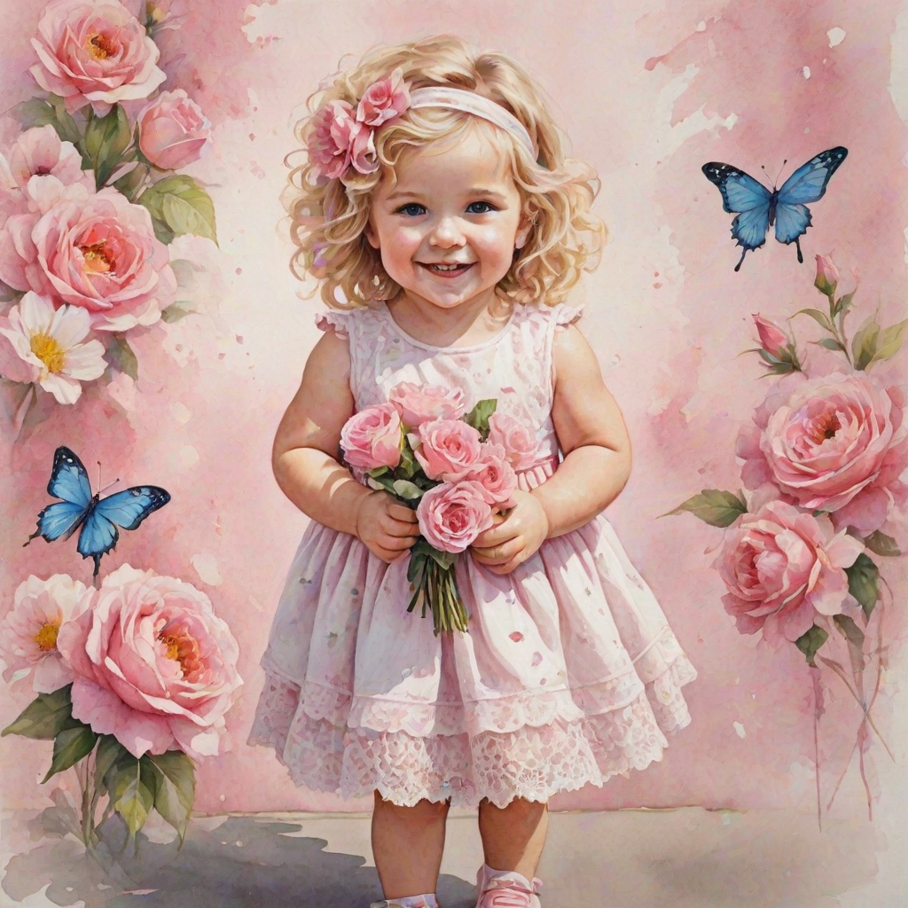 hyperrealism happy smiling toddler girl with messy wavy blonde hair with a headband, she is wearing a pink and white lace dress with pink and white shoes, she is holding a pink bouquet of flowers. Pink flowers and butterflies. summer background. Watercolor Highly detailed