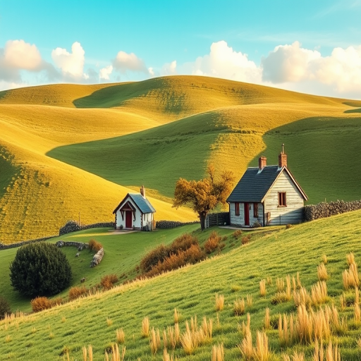 generate a vibrant digital landscape featuring two quaint cottages nestled among rolling green hills, with a clear sky and soft clouds above, shot with a DSLR camera at f/8 aperture, ISO 100, 24mm focal length, in high-resolution with a warm color palette and smooth textures