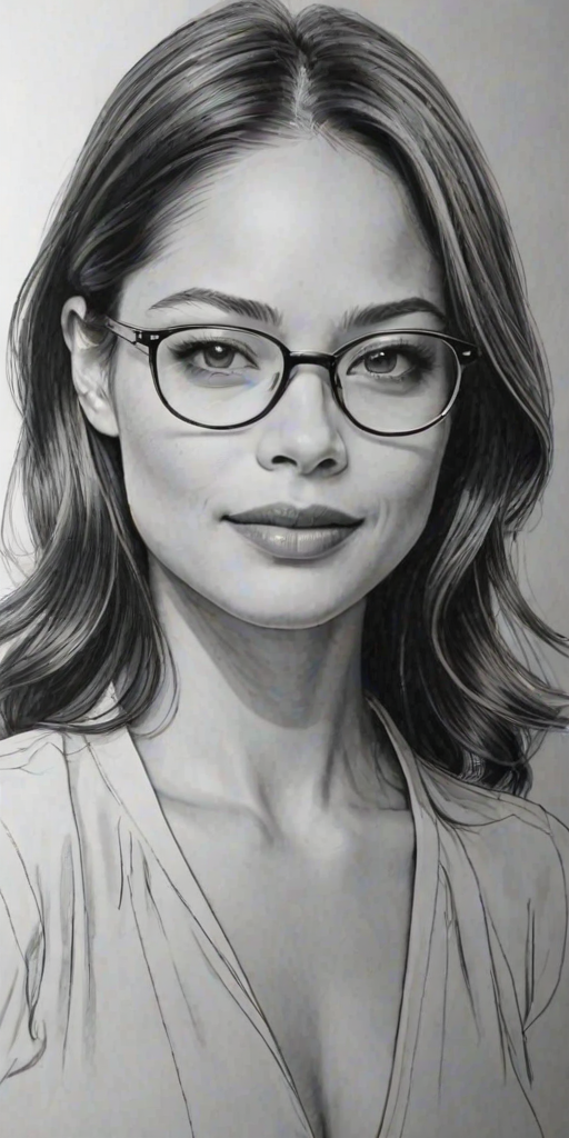 Stunning Kristin Kreuk, pencil sketch, portrait of Fetching woman 1945s in glasses, hair style beatnik, outline, clear lines, fine lines, 8k