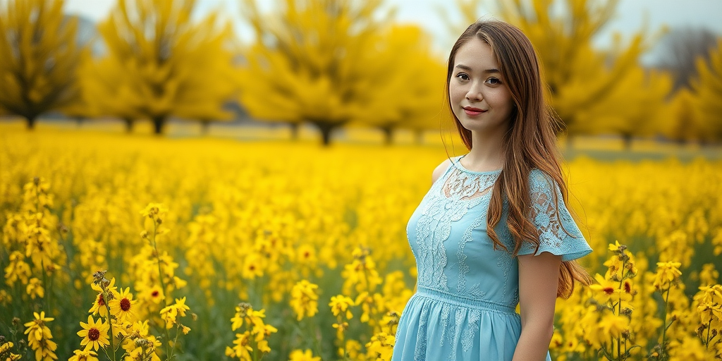 A young woman in a light blue lace dress stands in a field of yellow flowers, surrounded by blooming yellow trees, taken with a Canon EOS R5, 50mm lens, aperture f/2.8, ISO 100, soft focus, natural light, portrait orientation.