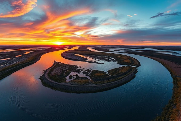 wide-angle shot of a winding river at low tide under a sunset sky, enhanced colors, high dynamic range, f/11 aperture, 24mm lens, ISO 100, tripoded for stability, taken with a DSLR camera
