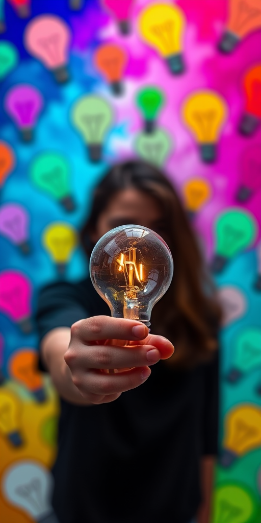 Create an image of a person holding a light bulb in a vibrant, abstract background filled with colorful light bulb illustrations, using a DSLR camera with a 50mm lens, aperture set at f/1.8, ISO 200, and a shallow depth of field to enhance the subject clarity and produce a blurred background effect.