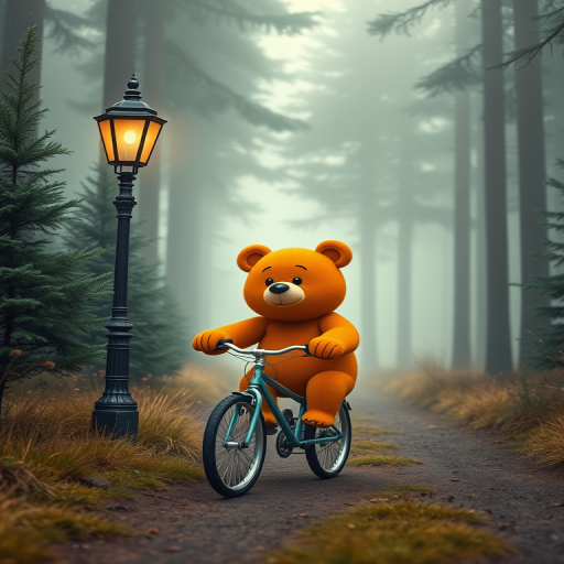Create a whimsical scene of a cartoon bear riding a bicycle through a foggy forest path, with a vintage lamppost on one side and tall evergreen trees in the background, focusing on vibrant colors and soft lighting; use a DSLR camera with a 50mm lens, aperture f/2.8, ISO 200, and a low angle shot to enhance the depth of field and detail in the fur texture.
