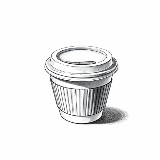Create a detailed drawing of a coffee cup with a lid, viewed from slightly above at a 45-degree angle, using a high-resolution DSLR camera with a focal length of 50mm, aperture set to f/2.8, ISO 100, and natural soft lighting to enhance texture and depth.