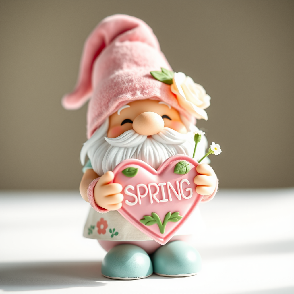 Spring-themed gnome holding a heart with the word "SPRING", pastel colors, playful design, soft lighting, Canon EOS R5, 50mm f/1.2 lens, aperture f/2.8, ISO 100, bright background, slight bokeh effect.