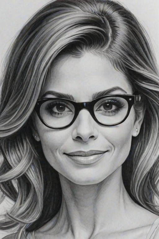 Magnificent Maria Menounos, pencil sketch, portrait of Alluring woman 1954s in glasses, hair style beatnik, outline, clear lines, fine lines, 8k