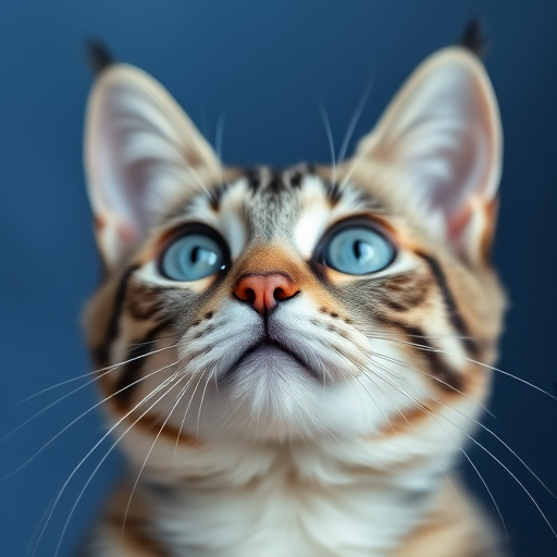 A close-up portrait of a silver tabby cat with bright blue eyes, gazing upwards against a blurred blue background, captured with a DSLR camera, using a 50mm lens at f/1.8, ISO 200, and a shutter speed of 1/200s.