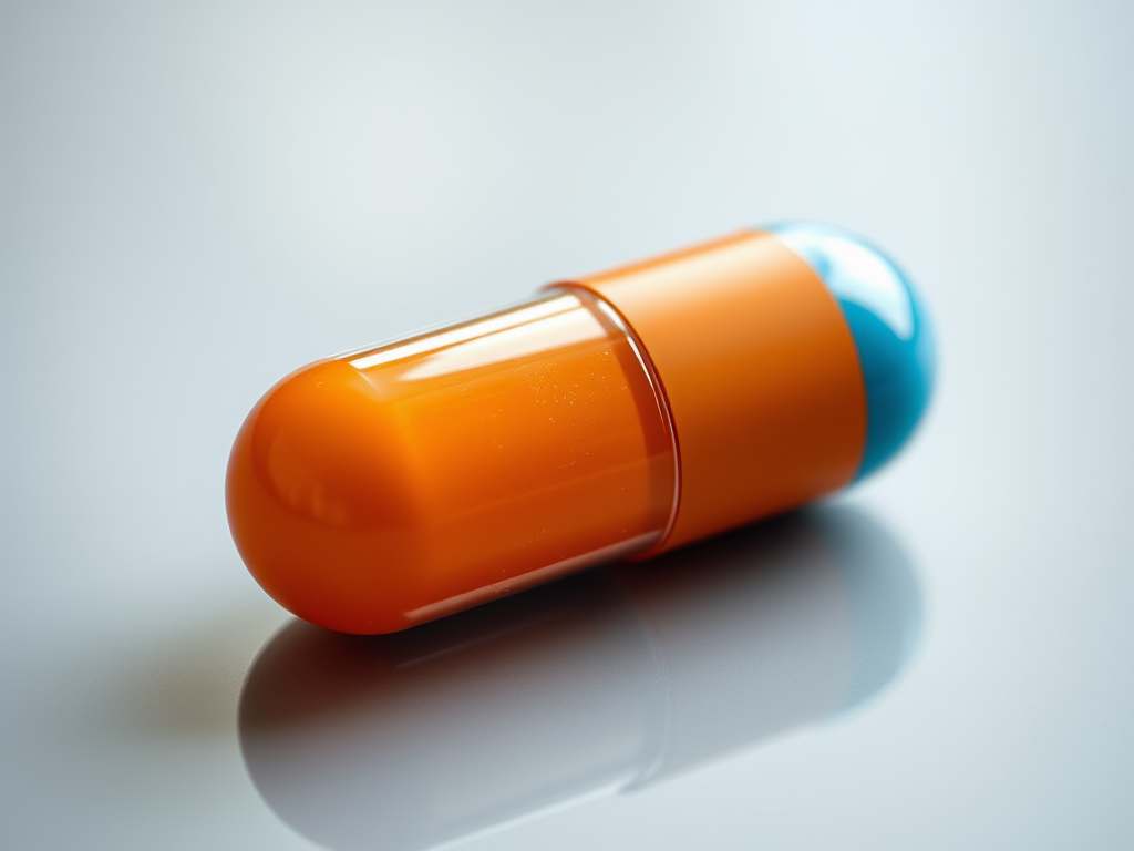 Generate a high-resolution image of a capsule with a glossy surface, featuring a blue and orange color scheme, taken with a Canon EOS 5D Mark IV, 50mm f/1.8 lens, f/2.8 aperture, ISO 100, natural lighting, and a shallow depth of field.