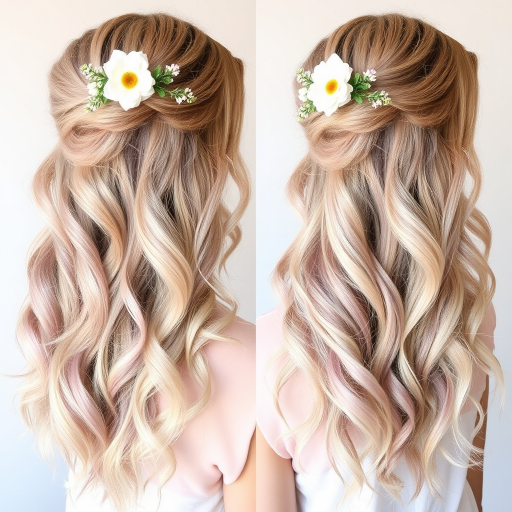 Romantic watercolor balayage blending soft pastels reminiscent of Monet's paintings, styled in loose romantic curls with floral hair accessories