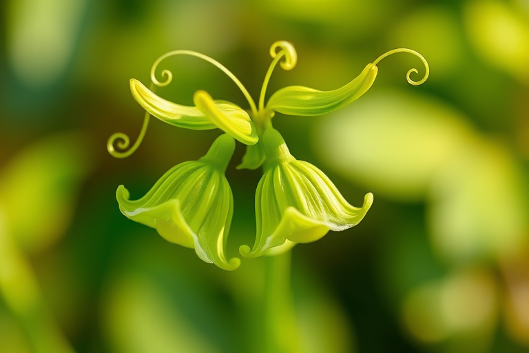 Create a high-resolution illustration of a delicate green flower with two bell-shaped blooms and swirling leaves, captured in a soft focus style with a 50mm lens, f/2.8 aperture, and natural light, simulating a digital SLR camera setup.
