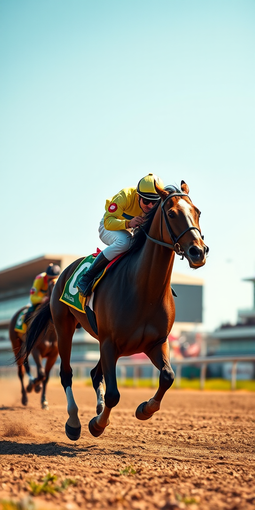 high-resolution image of a jockey riding a horse on a racetrack during a sunny day, captured with a Canon EOS 5D Mark IV at f/2.8 aperture, 1/1000 shutter speed, 100 ISO, using a telephoto lens focused on the horse and jockey, shallow depth of field to create a blurred background effect