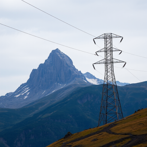 high-resolution image of a mountain landscape with a power line tower in the foreground, captured with a DSLR camera at f/8 aperture, ISO 100, 1/125 sec exposure, 24mm wide-angle lens, taken from a low angle to emphasize the height of the mountain and the tower, in natural lighting with a slight overcast sky for soft shadows and vibrant colors