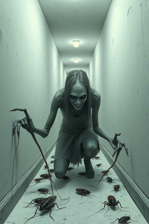 a crooked female with long arms and a creepy smile is crawling along a long white corridor and you can also see cockroaches in it there is a creepy atmosphere creepy art style
