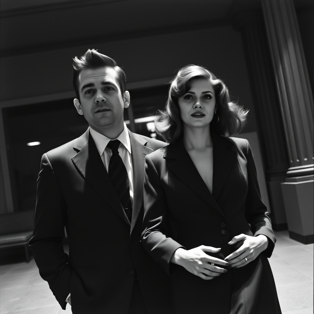 Black-and-white photograph, couple, tailored suits, retro hairstyles, film noir style, Tilt the camera for a dynamic Dutch angle using a versatile 24-70mm lens