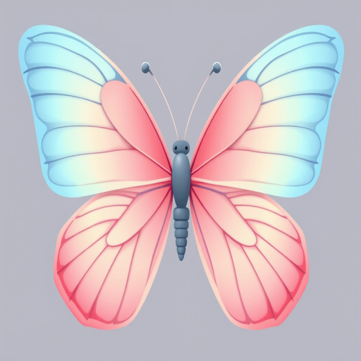 Create an illustration of a butterfly with large wings. The wings should feature a gradient of colors transitioning from soft pink at the center to light blue at the edges. The butterfly should have a delicate appearance, showcasing intricate wing patterns with a smooth finish.