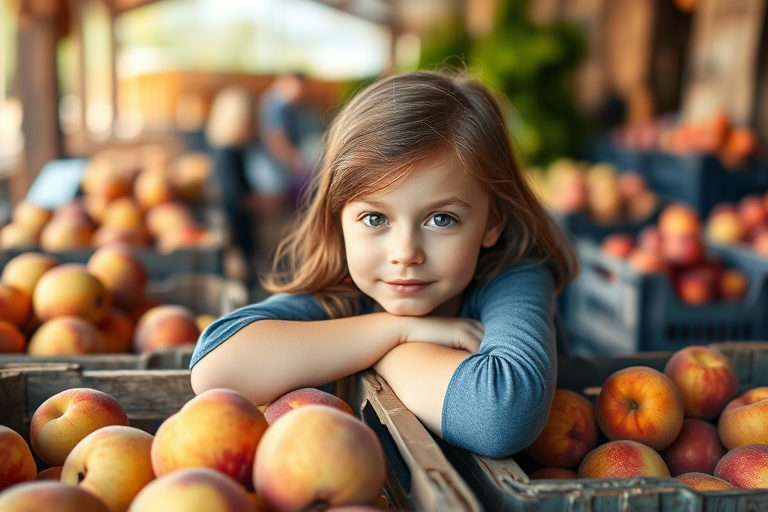 Capture a soft focus portrait of a young girl leaning on fruit crates filled with fresh peaches and apples in a rustic market setting with warm natural lighting, using a DSLR camera at f/2.8 aperture, ISO 100, 50mm lens, and a shallow depth of field for enhanced background blur.