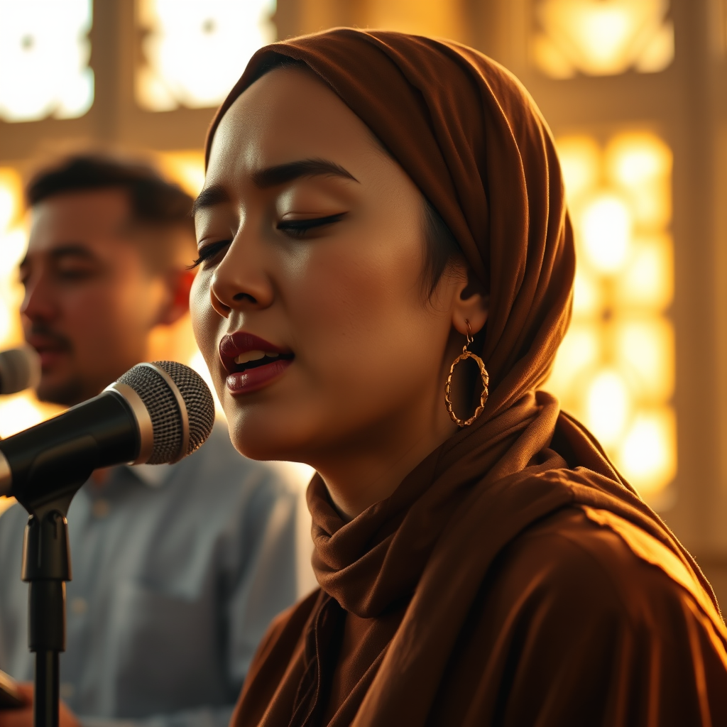 A close-up portrait of a asian woman with her eyes closed, singing into a microphone, positioned on the right side of the frame, facing the viewer. She is wearing a brown headscarf, gold earrings, and a brown blouse, and is bathed in warm, golden light emanating from the windows behind her. A blurred figure of a man singing into a microphone is visible in the background. The scene has a sense of calm and spirituality.