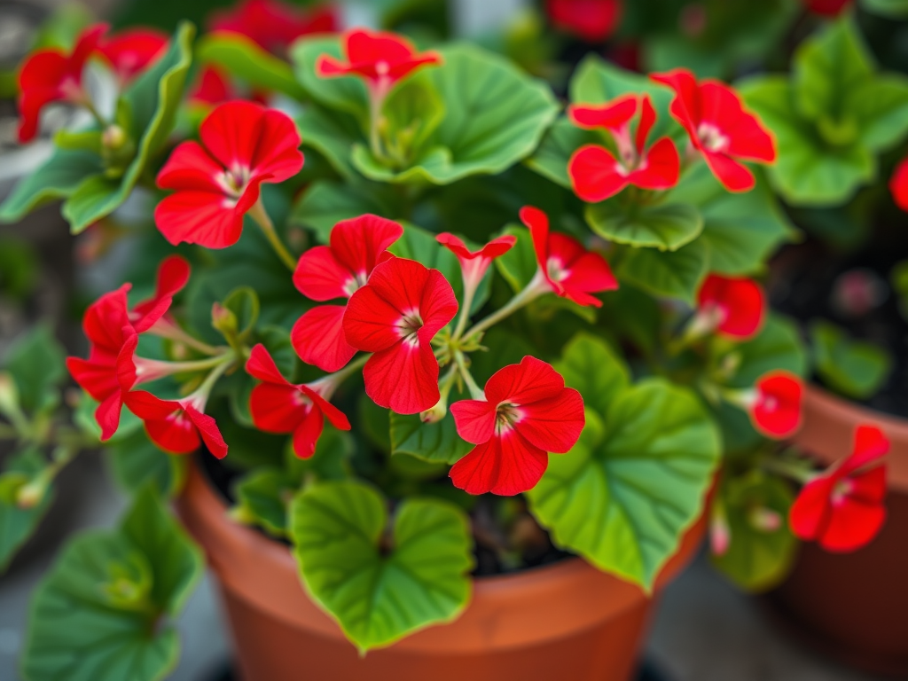 Create a vibrant illustration of a potted geranium plant with lush green leaves and bright red flowers, using a DSLR camera with a 50mm lens, aperture set to f/2.8, ISO 100, and a shallow depth of field to enhance the image quality and focus on the details of the flowers.