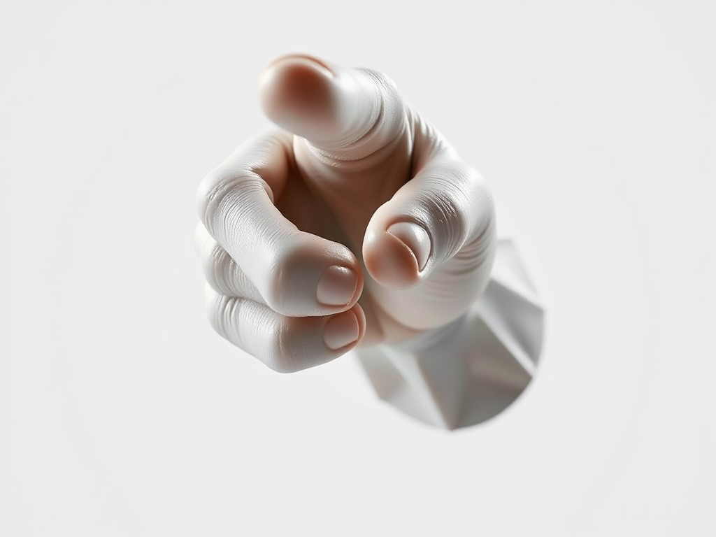 Create a highly detailed 3D render of a sculpted human hand pointing directly at the viewer, using a Canon EOS 5D Mark IV with a 50mm lens, aperture set to f/2.8, ISO 100, in soft studio lighting with a clean white background to emphasize the contours and textures of the hand.