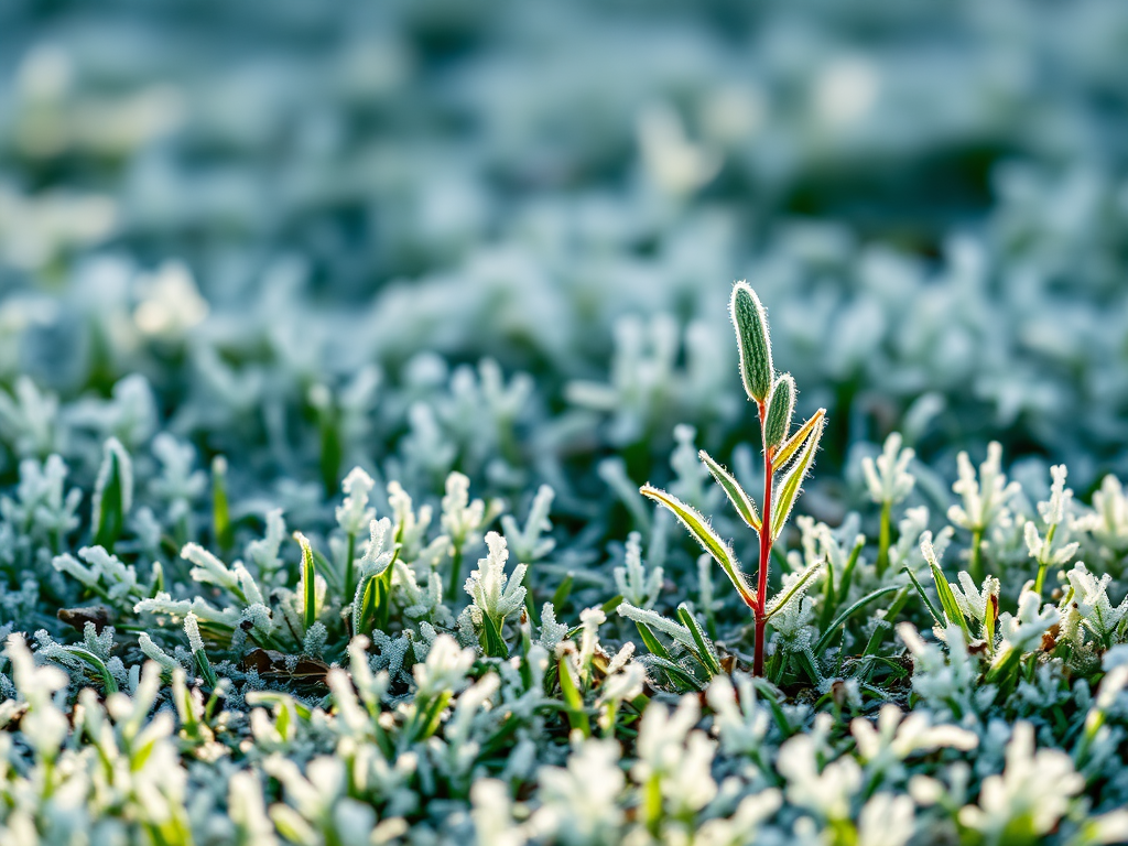 frost-covered grassland with a single green plant in focus, shallow depth of field, soft natural lighting, DSLR camera, 50mm lens, f/2.8 aperture, ISO 100, shutter speed 1/200 sec, shot from eye level, enhancing clarity and color vibrancy