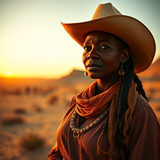 Dramatic photo of a beautiful Kikuyu woman, classic cowboy attire, confident and free spirit expression, half-length portrait, centered, golden hour desert landscape, warm, diffused light, low angle, medium format film camera, in style of Annie Leibovitz.