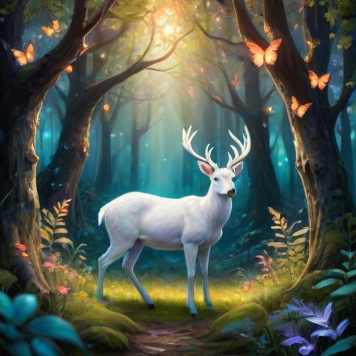 a magical forest scene with vibrant colors, glowing butterflies, and a mystical white deer with antlers, surrounded by lush greenery and sparkling lights