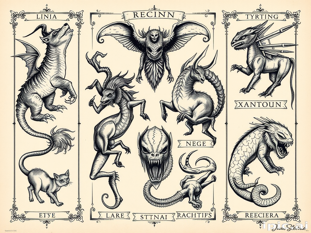 Etching-style tattoo called "Mythic Menagerie" showcasing a collection of fantastical creatures inspired by medieval bestiaries, rendered in intricate crosshatching and stippling techniques, with Latin names and decorative borders framing each beast, ideal for forearm or leg sleeve