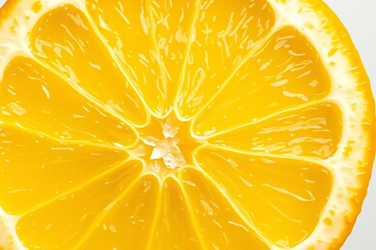 Generate a high-quality image of a fresh lemon slice with vivid yellow color and detailed texture, use a 50mm lens, aperture f/2.8, ISO 100, natural light, top-down view, digital illustration style.